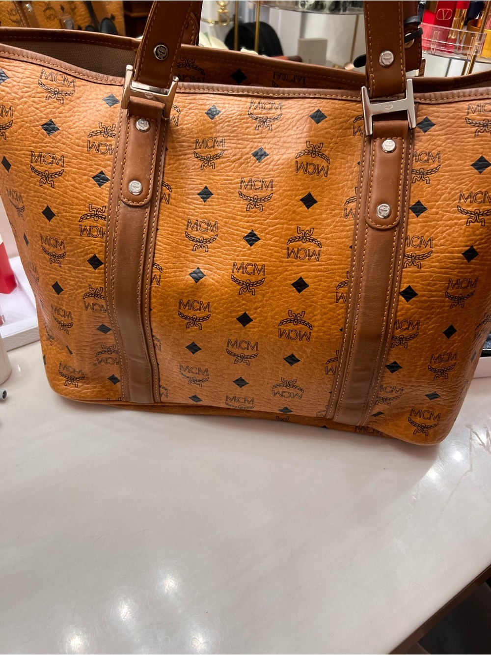 MCM Cognac Visetos Monogram Tote with Black Heart Charm - Picture 9 of 16
